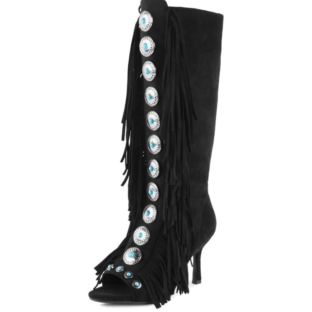 Women's Black FancyQueen Gladiator Heels Knee High Stiletto Peep Toe Boot